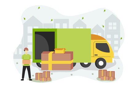Delivery service concept. Cargo van or truck and courier. Vector illustrationのイラスト素材