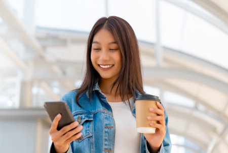Young asian woman smiling using mobile smart phone outdoor. Happy female tourist wearing jeans jacket and holding smartphone at publicの写真素材
