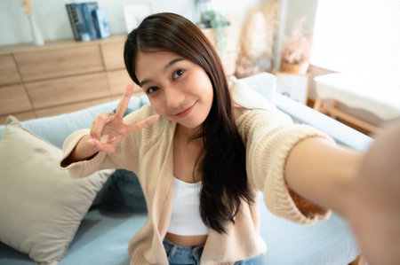 Pretty young asian female with big smile sitting at living room. She having fun taking light cheerful selfie on blurred backgroundの写真素材