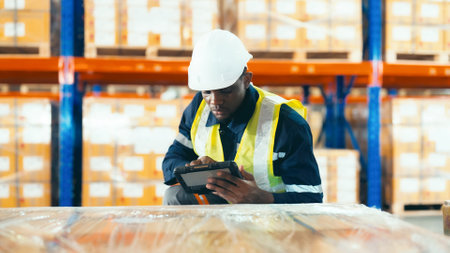 Warehouse workers holding digital tablet checking inventory management packaging boxes. Black african man counting box goods on shelves at storehouseの写真素材