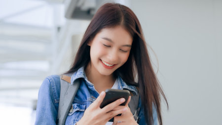 Young asian woman smiling using mobile smart phone outdoor. Happy female tourist wearing jeans...