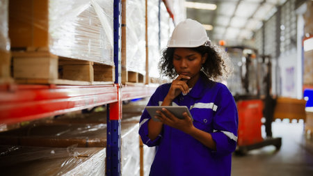 Young black woman warehouse workers holding digital tablet checking inventory management packaging boxes. Afro woman staff wearing vest and safety helmet and walking count the box at storehouseの写真素材