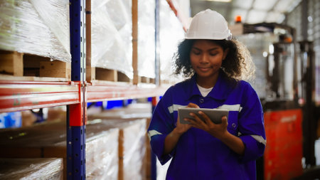 Young black woman warehouse workers holding digital tablet checking inventory management packaging boxes. Afro woman staff wearing vest and safety helmet and walking count the box at storehouseの写真素材