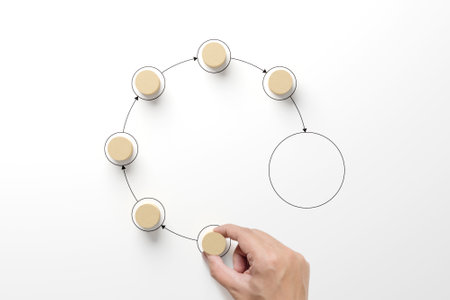 Business process and workflow automation with flowchart. Hand holding wooden cube block arranging processing management on white backgroundの写真素材