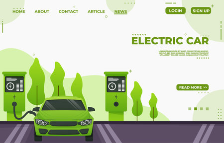 Electric car charging station with person, solar energy, electric vehicle and city background, future innovative technology and alternative save energy concept. Web banner, landing page. Vector illustrationのイラスト素材
