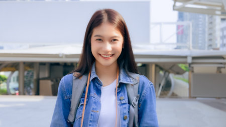 Young asian woman smiling and looking at camera, tourist female using camera vintage with backpackの写真素材