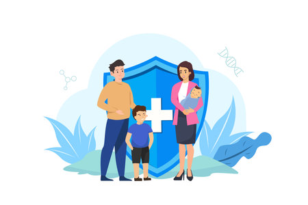 Family health care and life insurance concept. Group people and big shield protection. Vector illustrationのイラスト素材