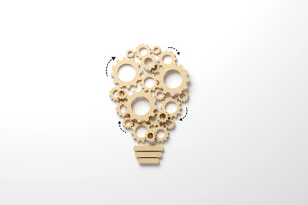 Business process and workflow automation with flowchart. Wooden cog flowing process management lightbulb shape on white background. 3d illustrationの写真素材