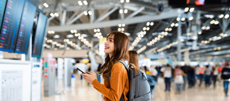 Young asian woman in international airport, using mobile smartphone and checking flight at the flight information boardの写真素材