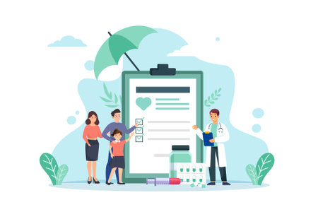 Health care and life insurance concept. Doctor and family people medical exam with big clipboard document and umbrella. Vector illustrationのイラスト素材