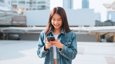 Young asian woman in jeans jacket clothes texting on smartphone walking on street in city on sunny dayの写真素材