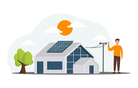 Modern eco house, solar energy panels. Smart home and save energy sustainable concept. Vector Illustrationのイラスト素材