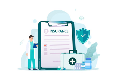 Health care and life insurance concept. Doctor and big clipboard document, checkmark shield, medical bag, medicine. Vector illustrationのイラスト素材