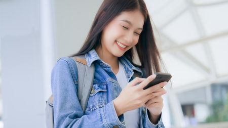 Young asian woman smiling using mobile smart phone outdoor. Happy female tourist wearing jeans jacket and holding smartphone at publicの写真素材
