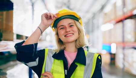 Young woman happy standing and looking at camera. Female warehouse worker smiley and smart confident at storehouseの写真素材