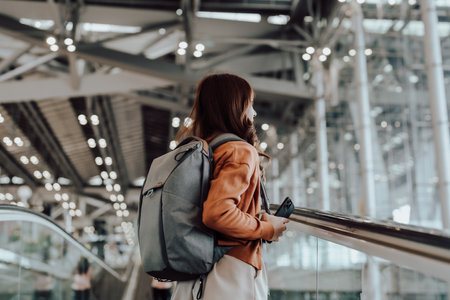 Young asian woman in international airport terminal or modern train station. Backpacker passenger female commuter walking on escalatorの写真素材