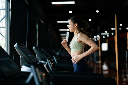 Young Asian Woman Running on Treadmill - Fitness Gym Exercise