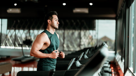 Young Asian Man Running on Treadmill - Fitness Gym Exerciseの写真素材
