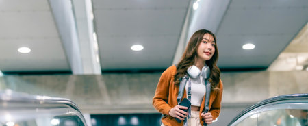 Young asian woman in international airport terminal or modern train station. Backpacker passenger female commuter walking on escalatorの写真素材