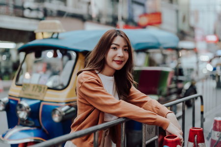 Young asian woman traveller. Beauty traveller female in city lifestyle chinatown street food market Bangkok, Thailandの写真素材