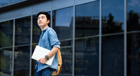 Portrait of handsome Asian student holding computer laptop and backpack. A young man standing outdoor happy smilingの写真素材