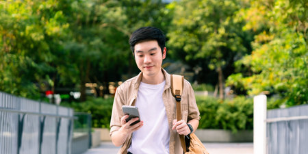 Portrait of handsome Asian student using smartphone. A young man walking outdoor happy smiling with holding mobile phoneの写真素材