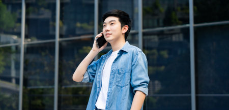Portrait of handsome Asian student using smartphone. Young man standing outdoor happy smiling with holding mobile phoneの写真素材