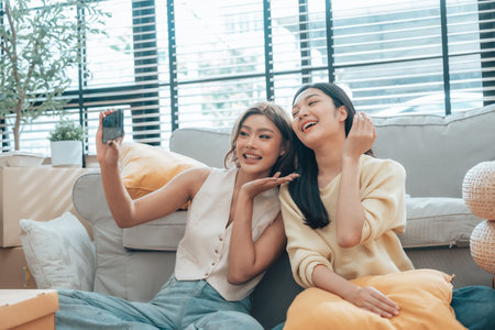 Two young Asian women smiling and happy while taking a selfie in their living room at home, looking at the cameraの写真素材