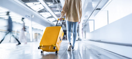 International airport terminal,  Beautiful Asian woman with luggage and walking in the airport, and there are many people walking aroundの写真素材