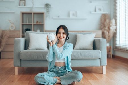 Young Asian woman holding piggy bank and sitting on the floor at home. Save money and financial investmentの写真素材