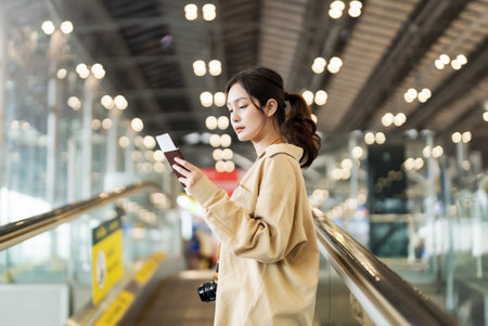 Young asian woman passenger in airport terminal or modern train station. Asia woman commuter travels with luggage on escalatorの写真素材