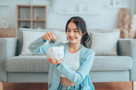 Young Asian woman holding piggy bank and sitting on the floor at home. Save money and financial investmentの写真素材