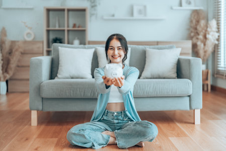 Young Asian woman holding piggy bank and sitting on the floor at home. Save money and financial investmentの写真素材