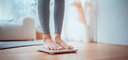 Closeup of feet, Young Asian woman standing on scales to measure her weight at home, Checking result of her slimming diet. Healthy living conceptの写真素材