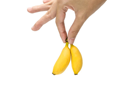 Hand holds samll banana Isolated on a white backgroundの写真素材