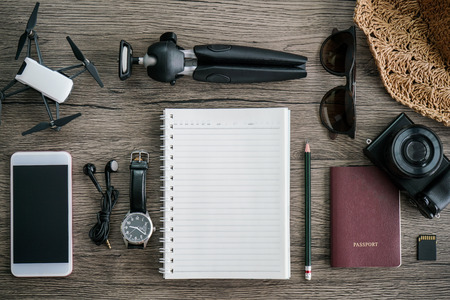 Travel Accessories for trip. Set On Wooden Background