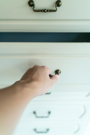 Hand Pull Open white Wooden Drawerの写真素材