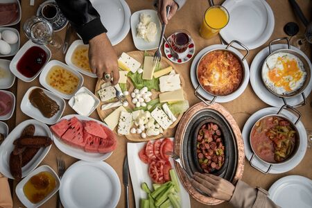Top view shot of table with delicious food on table.