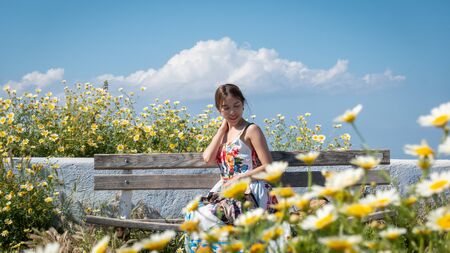 Happy woman in beautiful dress with flowers. Field with daisies.