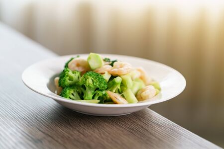 Stir-fried broccoli with shrimp.の写真素材