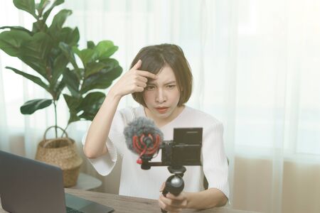 Female blogger recording broadcast video at home, Fashion, makeup, technology concept