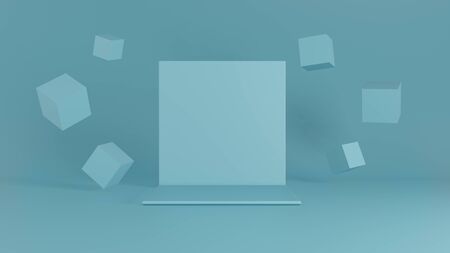 Blue backdrop stage with box decoration in room with blue wall. 3D renderの写真素材