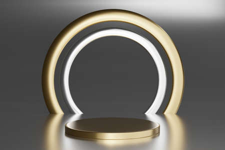 Blank pedestal with round gold ring on gray background, 3d rendering mockupの写真素材