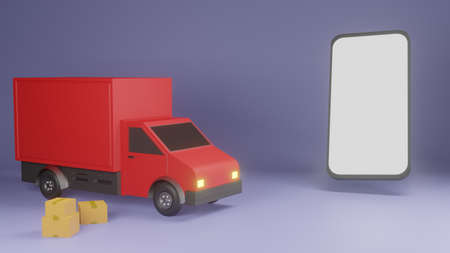Package online shopping and delivery. Heap of boxes and red pickup truck on purple background. 3d renderの写真素材