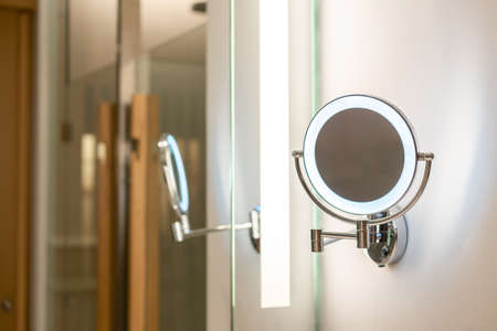 Ring light mirror with illumination in toilet.の写真素材
