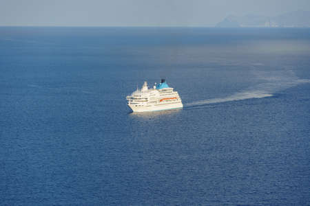 Beautiful sea view. Cruise at the sea near islands. Santorini island, Greece.