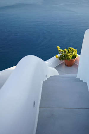 Traditional style stairway, stair step of Santorini, Greece.の写真素材
