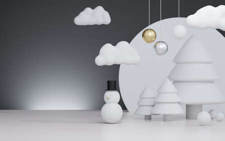 3d rendered studio mock up christmas background for product presentation, with christmas tree and snow man and decoration.の写真素材
