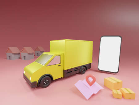 Online delivery service app concept, Delivery van and mobile phone with map. 3D rendering