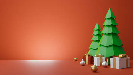 Gift box and Christmas trees over red background,. 3D rendering.の写真素材